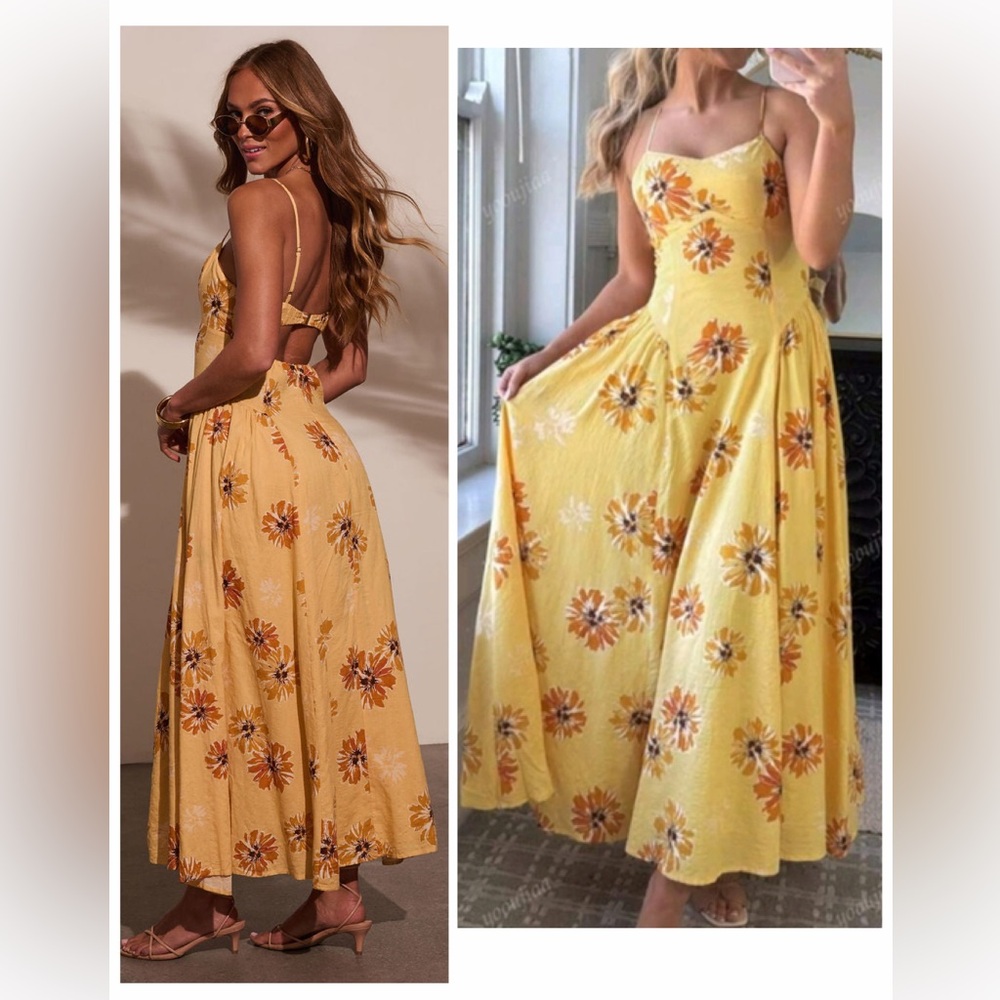 NEW BY TOGETHER Yellow Floral Open Back Cotton Maxi Dress size M